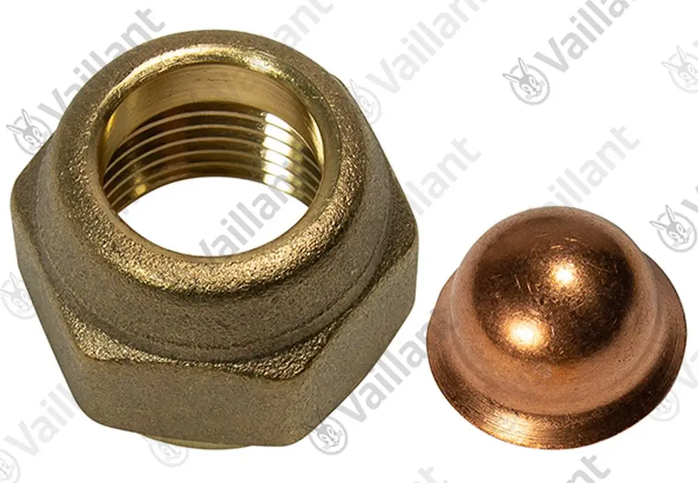 Vaillant Anschlussstück, metallisch, mit Innengewinde. Daneben eine kupferne Kappe, die zum Anschluss passt. Ideal für Heizungs- oder Sanitärinstallationen.